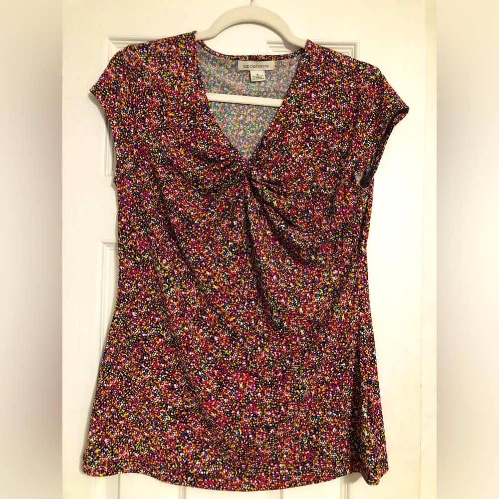 Liz Claiborne Y2K 90โs v neck colorful speckled shirt stretchy sizeโ medium